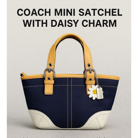 Coach Mini Satchel Tote Navy Canvas & Leather Trim With Daisy Charm - Picture 1 of 14